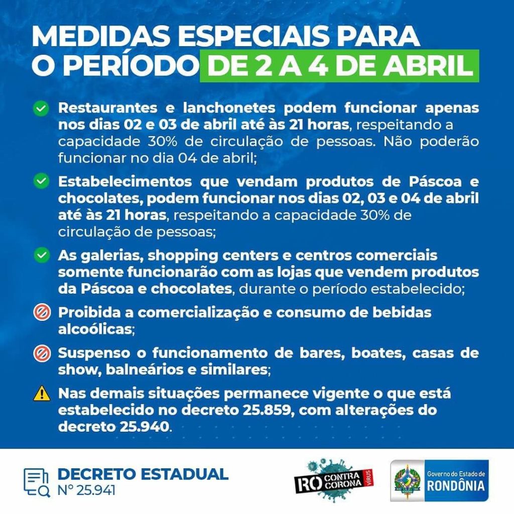 Decreto do Governo de Rondônia estabelece regras temporárias no período alusivo à Páscoa Decreto do Governo de Rondônia estabelece regras temporárias no período alusivo à Páscoa