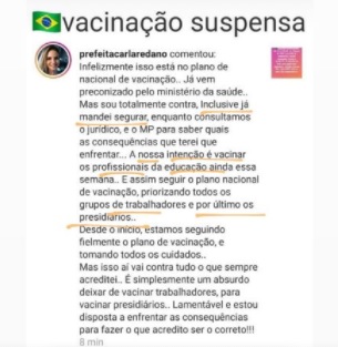 Prefeita de Ariquemes suspende vacinação de presos para atender primeiro os profissionais da educação Prefeita de Ariquemes suspende vacinação de presos para atender primeiro os profissionais da educação