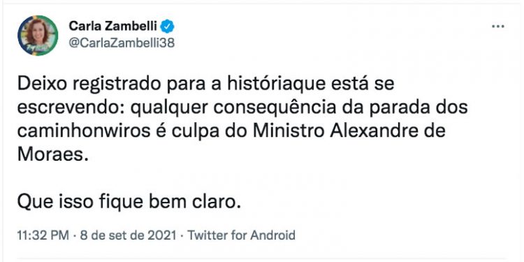 Aliada de Bolsonaro diz que Moraes será culpado por consequências de paralisação dos caminhoneiros