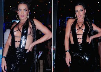 Carla Prata abusa da sensualidade com look dominatrix para festa do Influencer Gabriel Leão